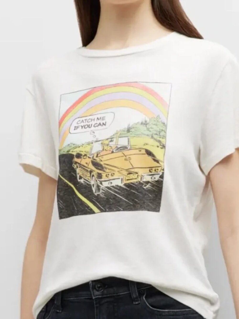 Re/Done Cream Graphic 'Catch Me If You Can' Short Sleeve Tee Size Medium
